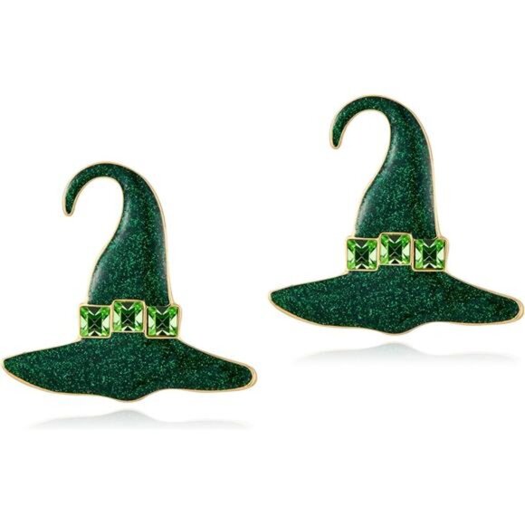 Glitter Witch Hat Earrings | Sparkly Green Statement Jewelry - Picture 1 of 5